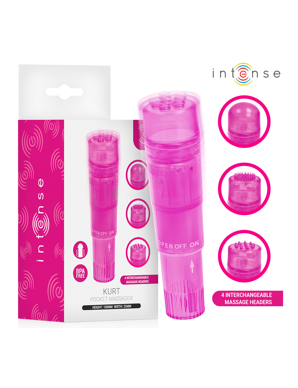 INTENSO - MINI MASSAGGIATORE KURT CON 4 TESTINE INTERCAMBIABILI ROSA
